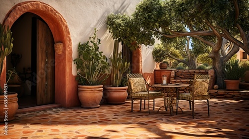 Mediterranean Retreat Terra  cotta tiles  wrought iron furniture  and olive trees  outdoor design  patio  generative Ai