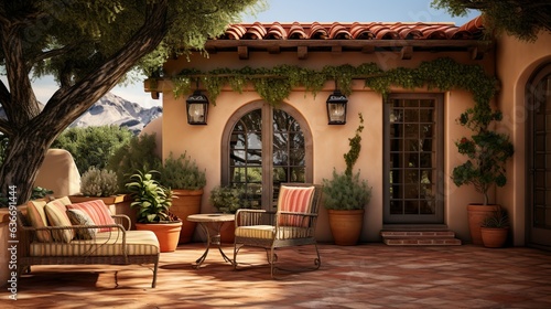 Mediterranean Retreat Terra  cotta tiles  wrought iron furniture  and olive trees  outdoor design  patio  generative Ai