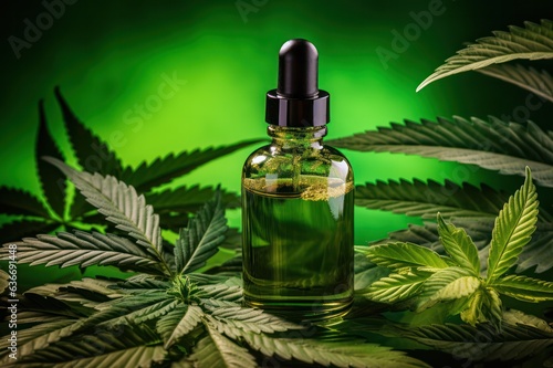 hemp serum and cannabis plant leaves on green background