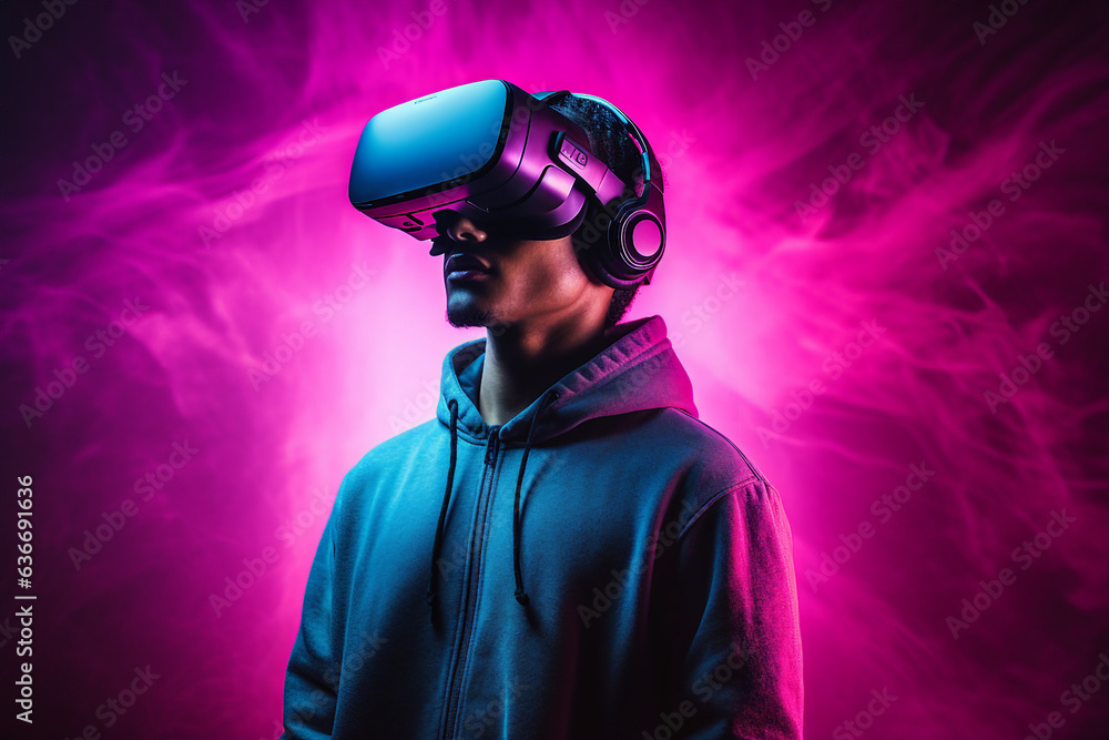 Generative ai collage photo of person using gadget for virtual reality Generative ai collage photo of person using gadget for virtual reality