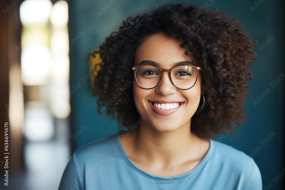 diverse woman in glasses smiling on blue background. Optics salon poster. diverse woman in glasses smiling on blue background. Optics salon poster.