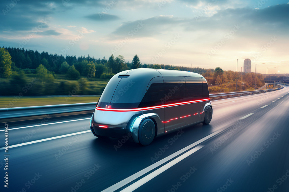 Picture of futuristic fast self-driving modern car on evening city roads under cloudy sky made by generative ai technology Picture of futuristic fast self-driving modern car on evening city roads under cloudy sky made by generative ai technology