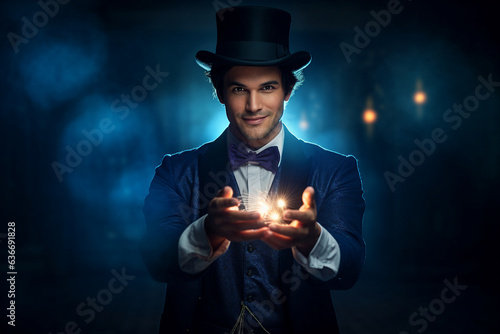Canvas Print Generative ai collage photo of illusionist playing magic trick in night show cir