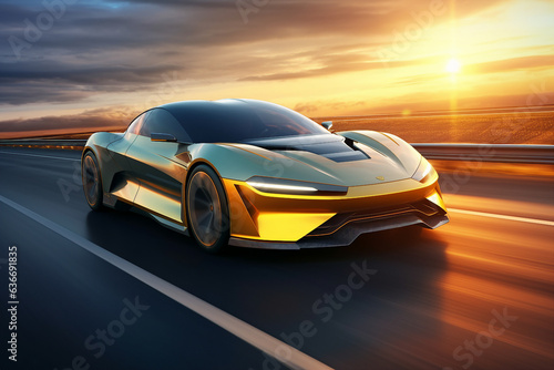 Image generative ai powerful acceleration of futuristic sports supercar on neon night highway track with colorful lights and trails © deagreez