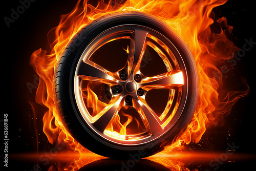 Generative AI picture of fire and explosions burning car wheel tire in city danger catastrophe road accident