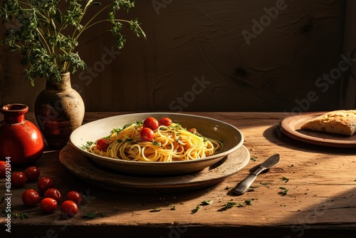 Tasty pasta with cherry tomatoes in a plate on a rustic old wooden table.