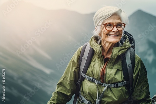 Happy smiling senior woman in glasses walking in misty mountains