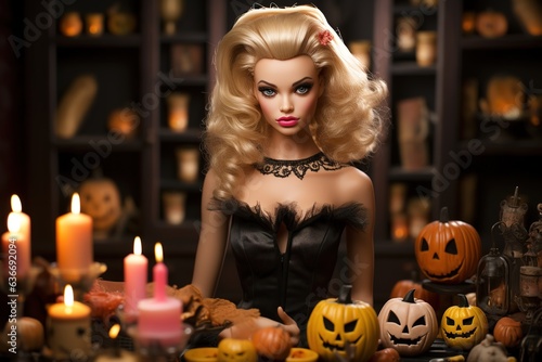 Murais de parede Witch doll among Halloween pumpkin lanterns and burning candles