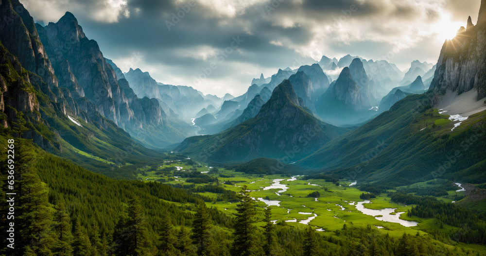 Majestic Mountain Landscape and Valley. A breathtaking mountain landscape unfolds, with towering peaks in the distance. Below, a lush green valley stretches out under the radiant daytime sky. 