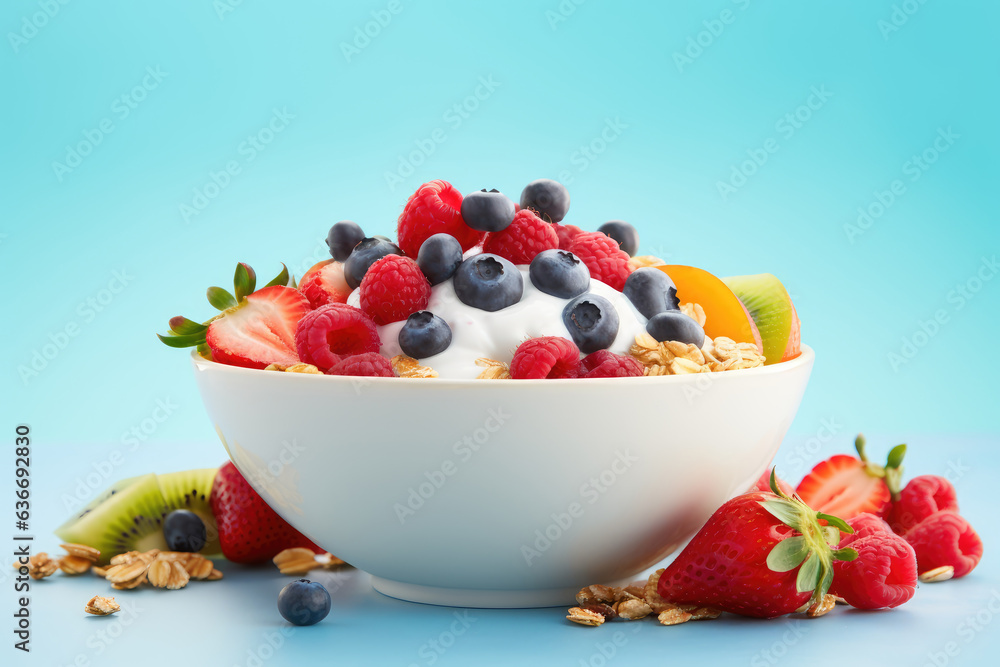 A bowl with an assortment of fresh, ripe fruit, including strawberries, blueberries, raspberries, mango, kiwi and grapes, with a spoonful of Greek yogurt and a sprinkle of granola, A bowl with an assortment of fresh, ripe fruit, including strawberries, blueberries, raspberries, mango, kiwi and grapes, with a spoonful of Greek yogurt and a sprinkle of granola,