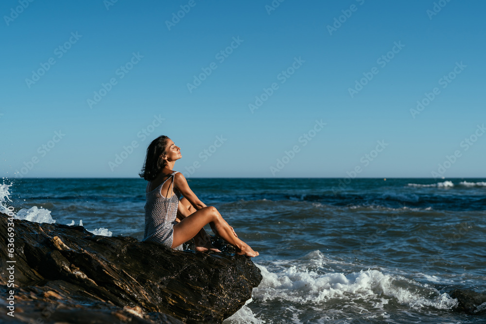 beautiful brunette girl in a silvery net stands on the stones on the seashore beautiful brunette girl in a silvery net stands on the stones on the seashore
