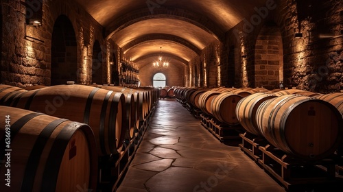 Wooden barrels with wine in a long wine cellar. Created using generative AI technology.