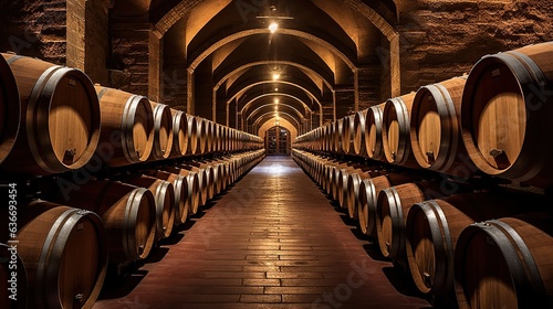 Wooden barrels with wine in a long wine cellar. Created using generative AI technology.