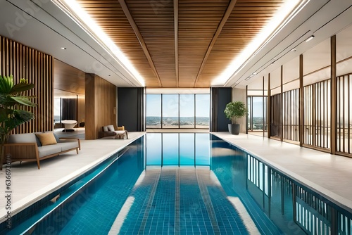 Fancy swimming pool in an atrium hotel. Generative AI © Royalty-Free