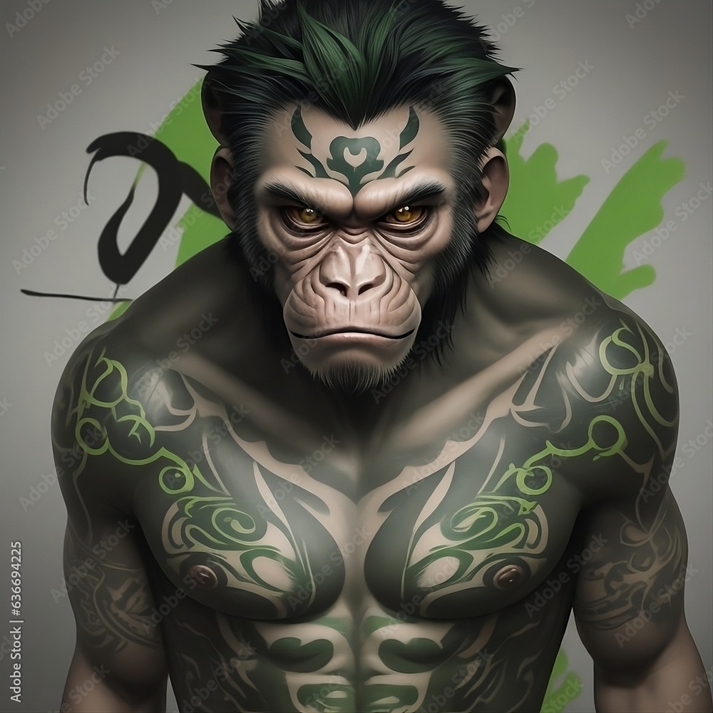 Psi Force Primate( Monkey Tattoo with psi sign on his forehead, with a serious and fierce expression in black and green realistic style) Psi Force Primate( Monkey Tattoo with psi sign on his forehead, with a serious and fierce expression in black and green realistic style)