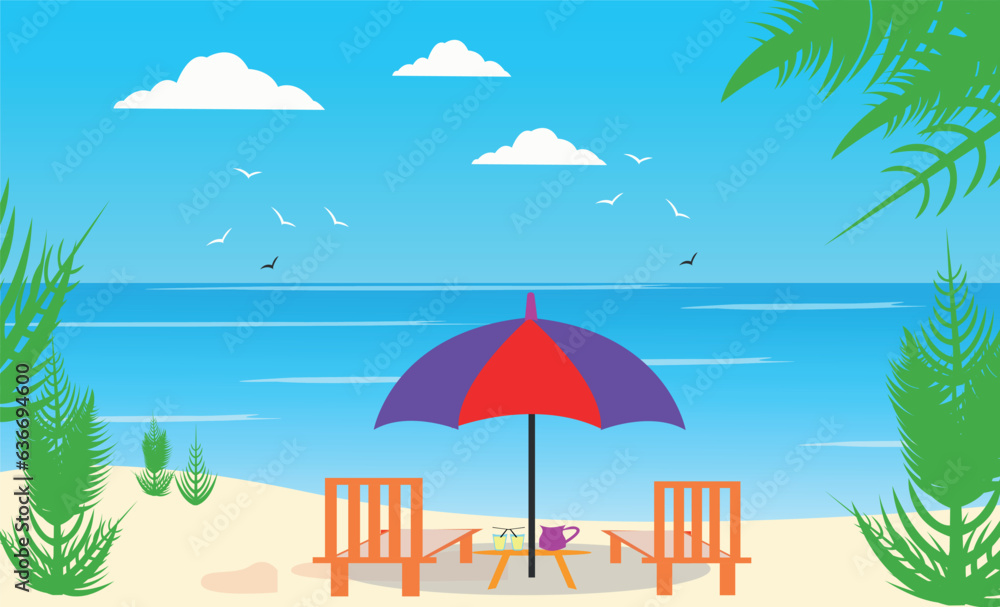 It's summer time banner with coconut tree, grass and lifebuoy on a sunny summer background.