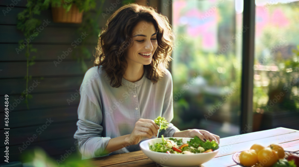 Joyful Salad Moment: Woman Relishing a Vegetable Dish