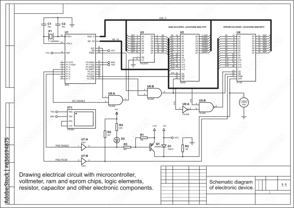 Schematic diagram of electronic device.
Vector drawing electrical circuit with microcontroller, voltmeter,
ram and eprom chips, logic elements, resistor, capacitor
and other electronic components.