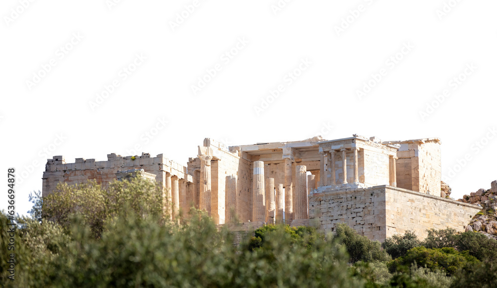 Acropolis propylaea gate isolated on white transparent background, PNG. Athens, Greece. 