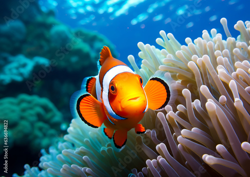 Clownfish on a coral reef is swimming near an anemone. Shallow field of view.