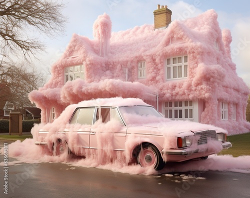 A sky-painted car stands tall with its pink foam-covered wheels, daring to stand out among the buildings like a wild work of art