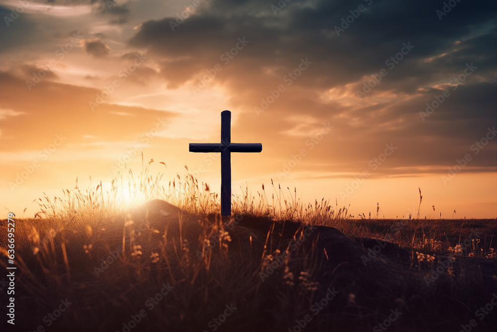 Fototapeta premium Generative AI picture of the holy cross symbolizing death and resurrection of Jesus Christ over sky