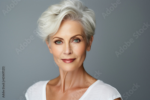 Generative AI picture Beautiful gorgeous middle aged mature woman looking at camera isolated on white background
