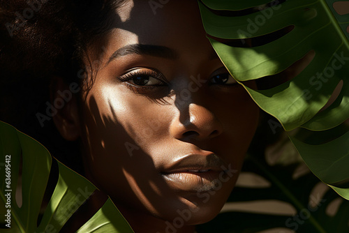 Portrait of gorgeous young woman in a wooded tropical area with green leaves created with generative AI techhology