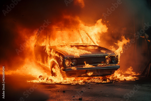 Generative AI picture of fire and explosions burning car in city danger catastrophe road accident