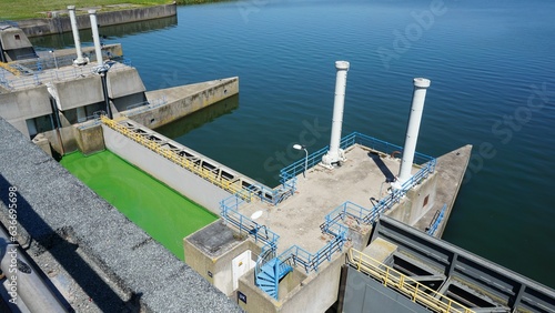 Waterworks at Haringvliet lock in the Netherlands. Delta works that separate water from salt to fresh and influence the tides of high and low water. Concrete construction.
