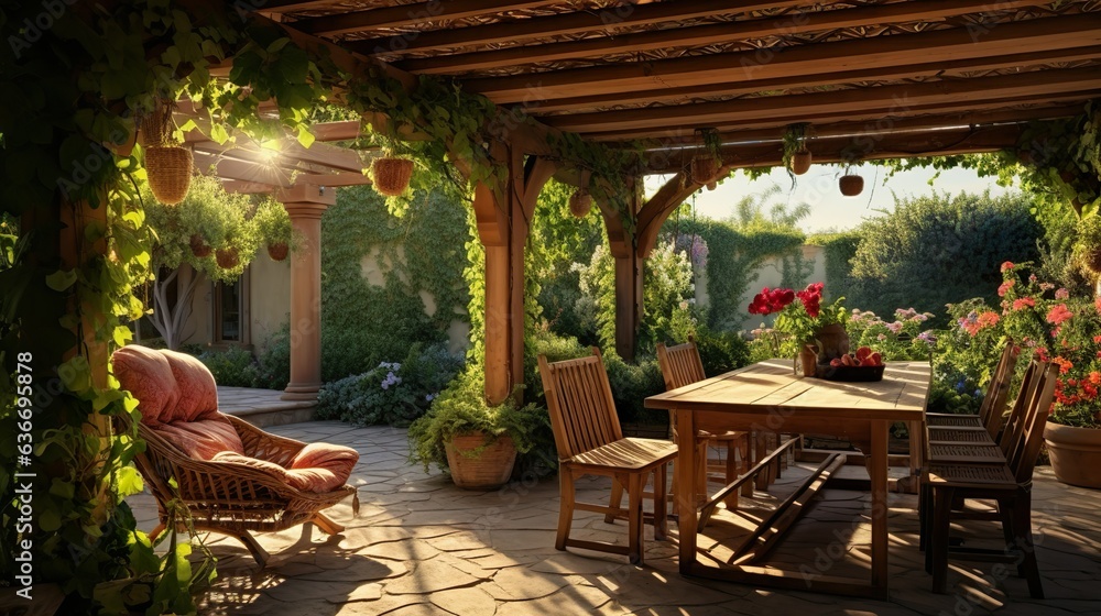 Tranquil Shaded Pergola: Climbing Vines, Hanging Lights & Wooden Beams, outdoor design, patio, generative Ai