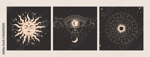 Astrology. Esoteric sun and moon cards, alchemy and celestial symbols, vintage engraved stars. Bohemian minimal creative posters. Cover or print design. Vector boho horoscope elements set