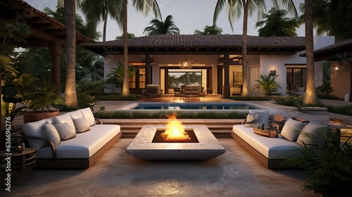 Sunken Lounge: Recessed Seating & Central Fire Pit Glow, outdoor design, patio, generative Ai © Aleksandr