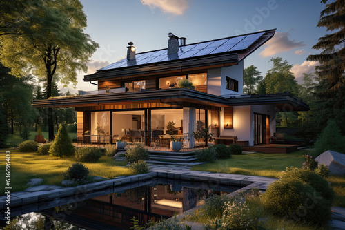 casa de campo moderna y sostenible de dos plantas con terraza y jardin al atardecer, con placas solares en el tejado , con cielo azul y rodeada de arboles, ilustracion de IA generativa