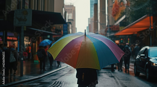 a rainbow colored umbrella flies through the streets of a city. © Matthew