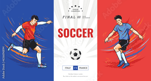 Sport players. Football field, celebrating goal, champion match banner, footballers foot hitting ball, playing men, sports kick, team game. Bright match poster. Vector cartoon illustration