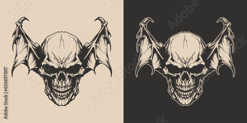 Vintage retro Halloween bat bird skull anatomy head spooky scary horror element. Monochrome Graphic Art. Vector. Hand drawn element engraving.