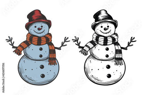 Set of vintage retro snowman snowflakes character with hat and carrot and scarf. Merry christmas xmas new year holiday halloween poster. Graphic Art. Engraving vector illustration