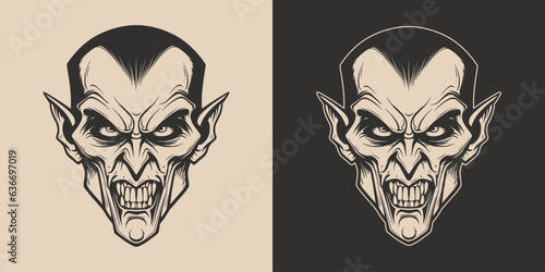 Vintage retro Halloween vampire dracula character face portrait. spooky scary horror element. Monochrome Graphic Art. Vector. Hand drawn element in engraving.