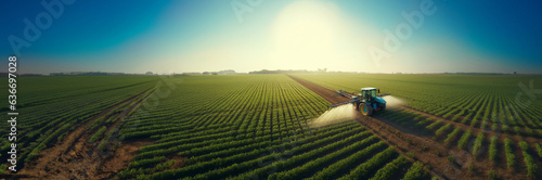 Traktor beim Ernten in schöner Landschaft und Sonnenlicht im Querformat als Banner, ai generativ