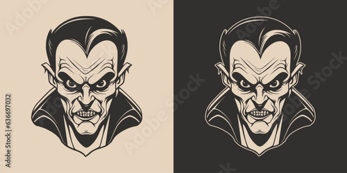 Vintage retro Halloween vampire dracula character face portrait. spooky scary horror element. Monochrome Graphic Art. Vector. Hand drawn element in engraving.