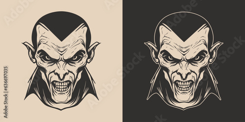 Vintage retro Halloween vampire dracula character face portrait. spooky scary horror element. Monochrome Graphic Art. Vector. Hand drawn element in engraving.