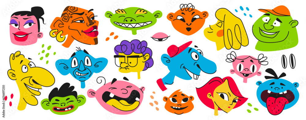 Quirky characters. Scribble crazy avatars, doodle hand drawn ugly kids, funny bizarre man and woman. Party decorative retro stickers, happy mascots, Vector psychedelic cartoon portraits set Quirky characters. Scribble crazy avatars, doodle hand drawn ugly kids, funny bizarre man and woman. Party decorative retro stickers, happy mascots, Vector psychedelic cartoon portraits set
