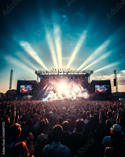 The main stage at a large outdoor music festival on a summer evening. Crowds of people in from of the scene. Shallow field of view.