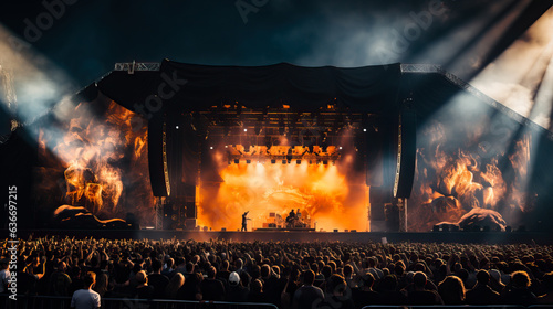 The main stage at a large outdoor music festival on a summer evening. Crowds of people in from of the scene. Shallow field of view.