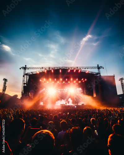 The main stage at a large outdoor music festival on a summer evening. Crowds of people in from of the scene. Shallow field of view.