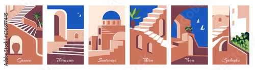 Greece pattern collection. Italy landscape, Morocco hotel or home, Mexico village with plant and sea, travel cards, vacation posters. Architecture postcard. Vector mediterranean prints set