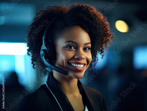 Young operator afro woman agent with headsets working in a call centre call center service.
