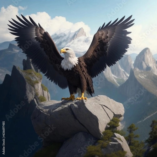 Eagle Soaring with Open Wings Above Mountainous Majesty Generativa ia