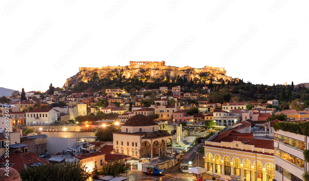 Athens, Greece. Acropolis rock and Monastiraki square isolated on white transparent background, PNG.